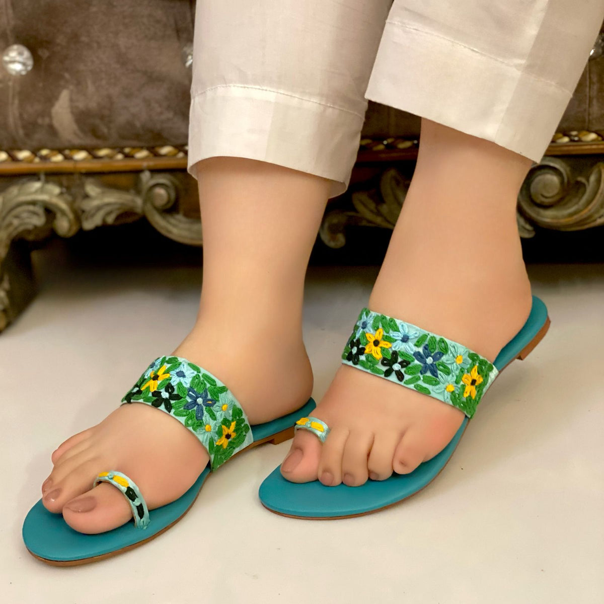 Sea Green And Black Floral Embroidered Flats – Comfort Meets Charm For Women