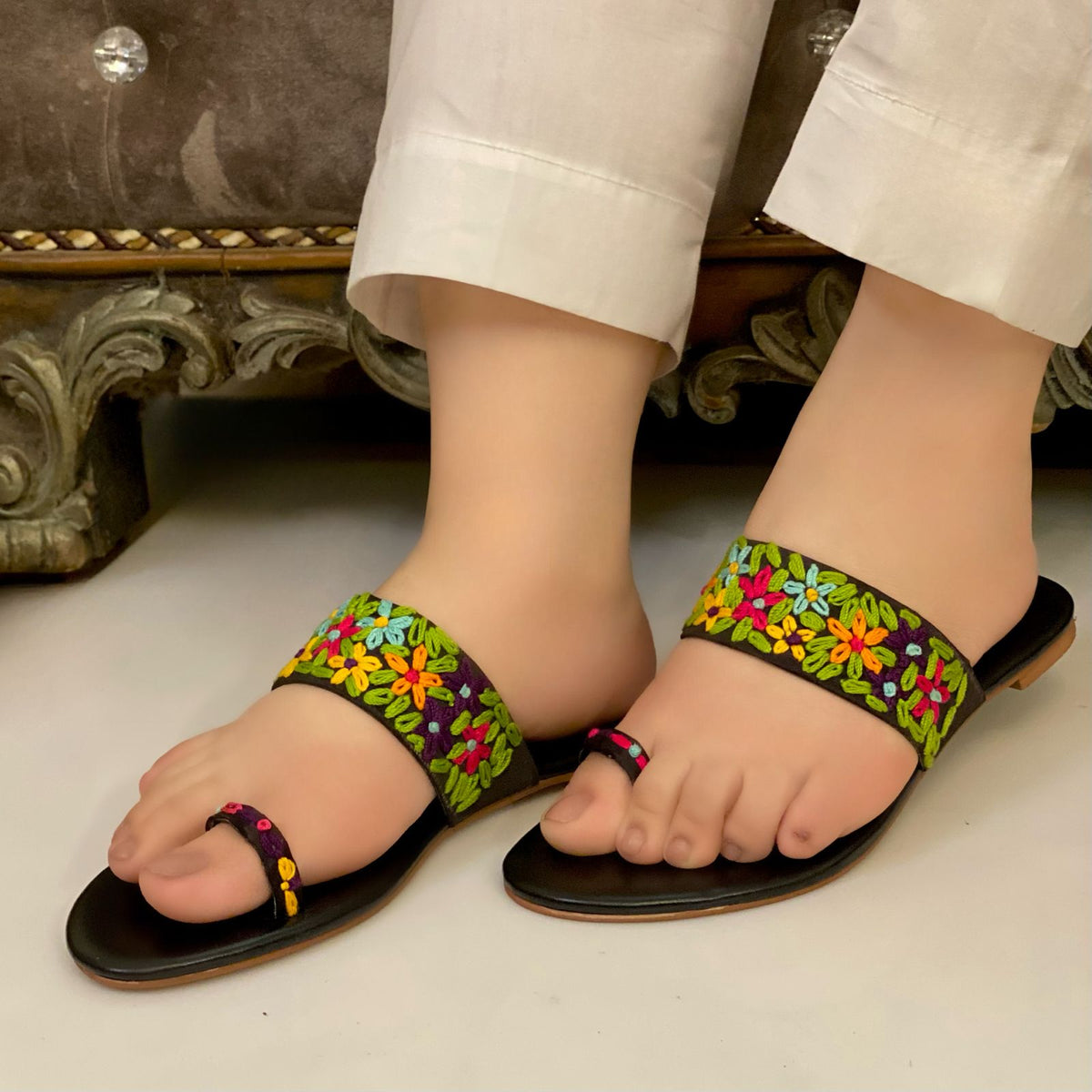 Sea Green And Black Floral Embroidered Flats – Comfort Meets Charm For Women