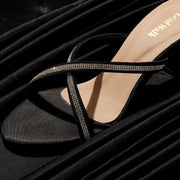 Black Criss-Cross Rhinestone Heels For Women