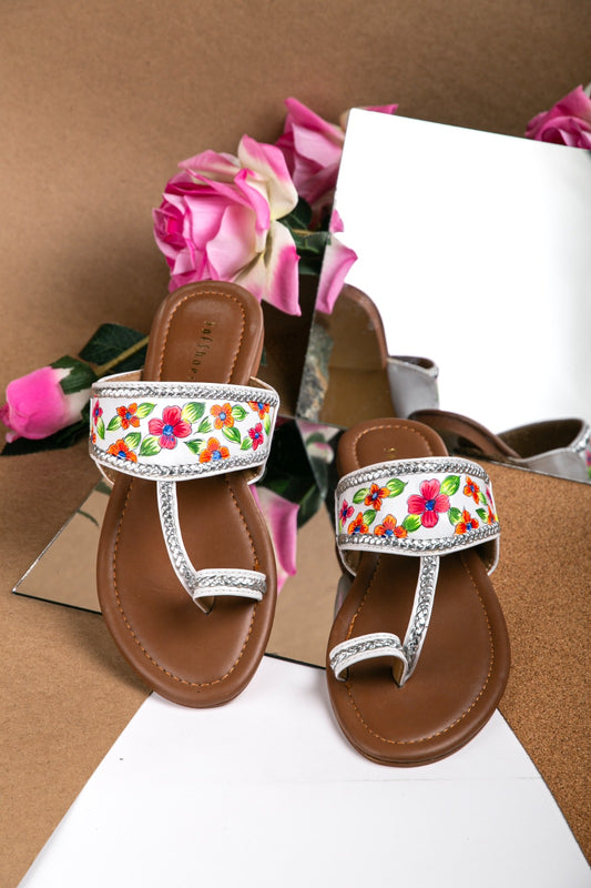 White Hand-Painted Kolhapuri Sandals For Women