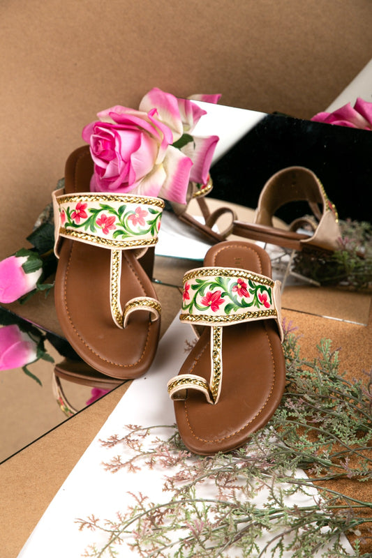 Off-White Hand-Painted Kolhapuri Sandals For Women