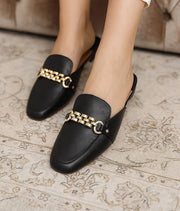 Elegant Gold Chain Square-Toe Mules For Women