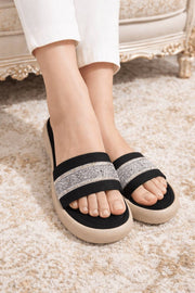 Serene Softie Gold & Black Slides – Elegant Comfort Wear For Women
