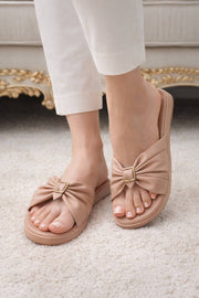 Chic Brown & Peach Ruched Flats – Comfortable Slip-On Slides For Women