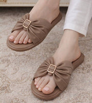 Chic Brown & Peach Ruched Flats – Comfortable Slip-On Slides For Women