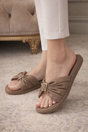 Chic Brown & Peach Ruched Flats – Comfortable Slip-On Slides For Women