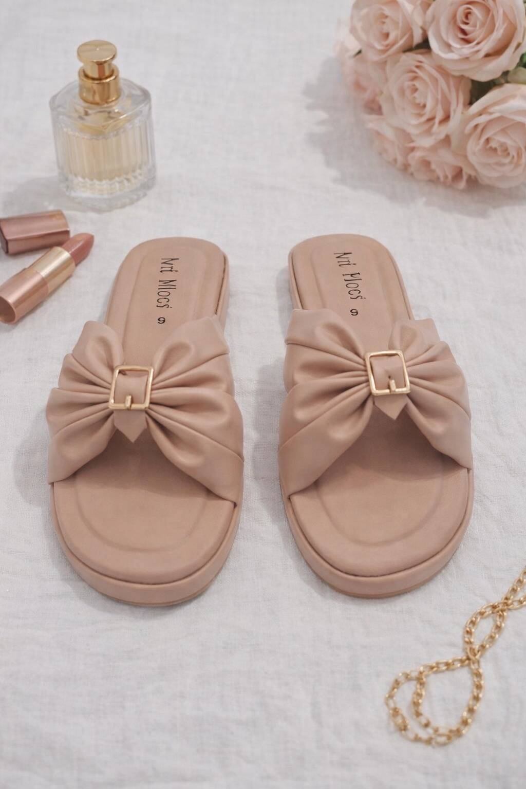 Chic Brown & Peach Ruched Flats – Comfortable Slip-On Slides For Women