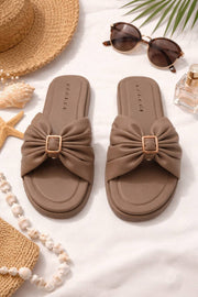 Chic Brown & Peach Ruched Flats – Comfortable Slip-On Slides For Women