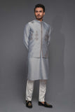 Silver Color Embroidered Waist Coat For Men