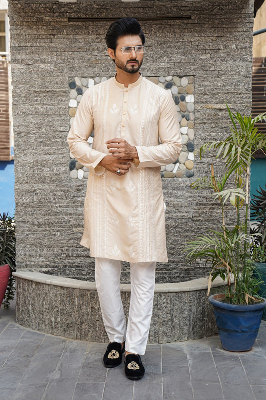 Golden Color White Chicken Kari Embroidered Raw-Silk Kurta Pajama For Men