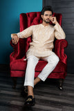 Golden Color White Chicken Kari Embroidered Raw-Silk Kurta Pajama For Men
