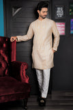 Golden Color White Chicken Kari Embroidered Raw-Silk Kurta Pajama For Men