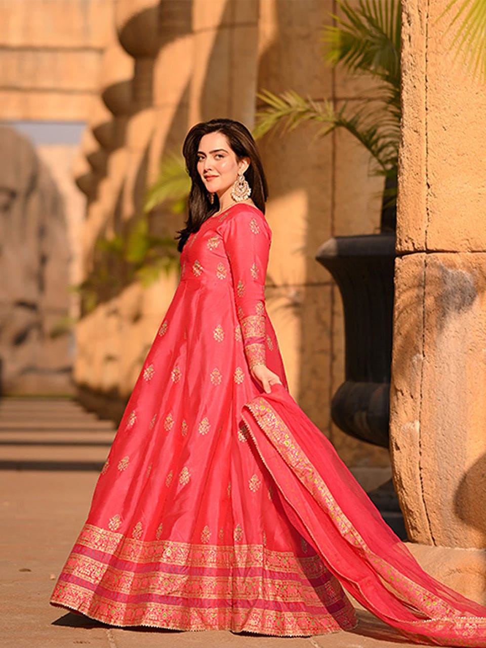 Hot Pink Gulnaar Royal Raw Silk Maxi For Women