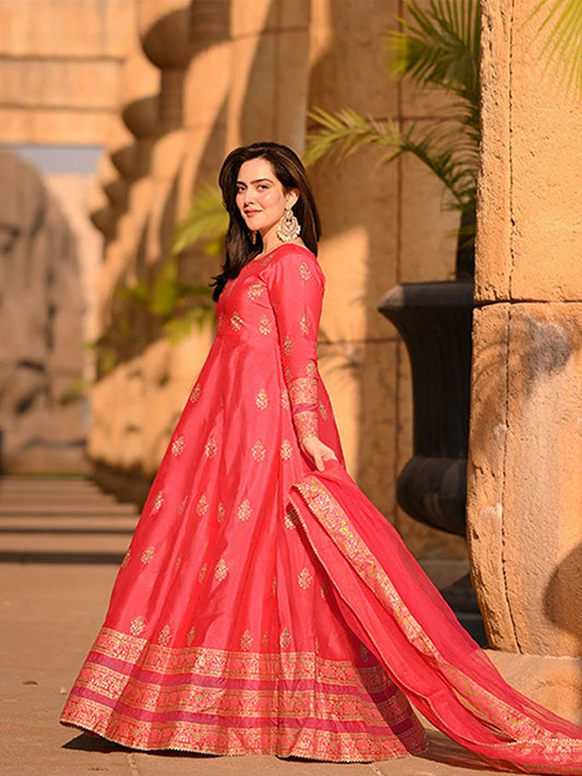 Hot Pink Gulnaar Royal Raw Silk Maxi For Women