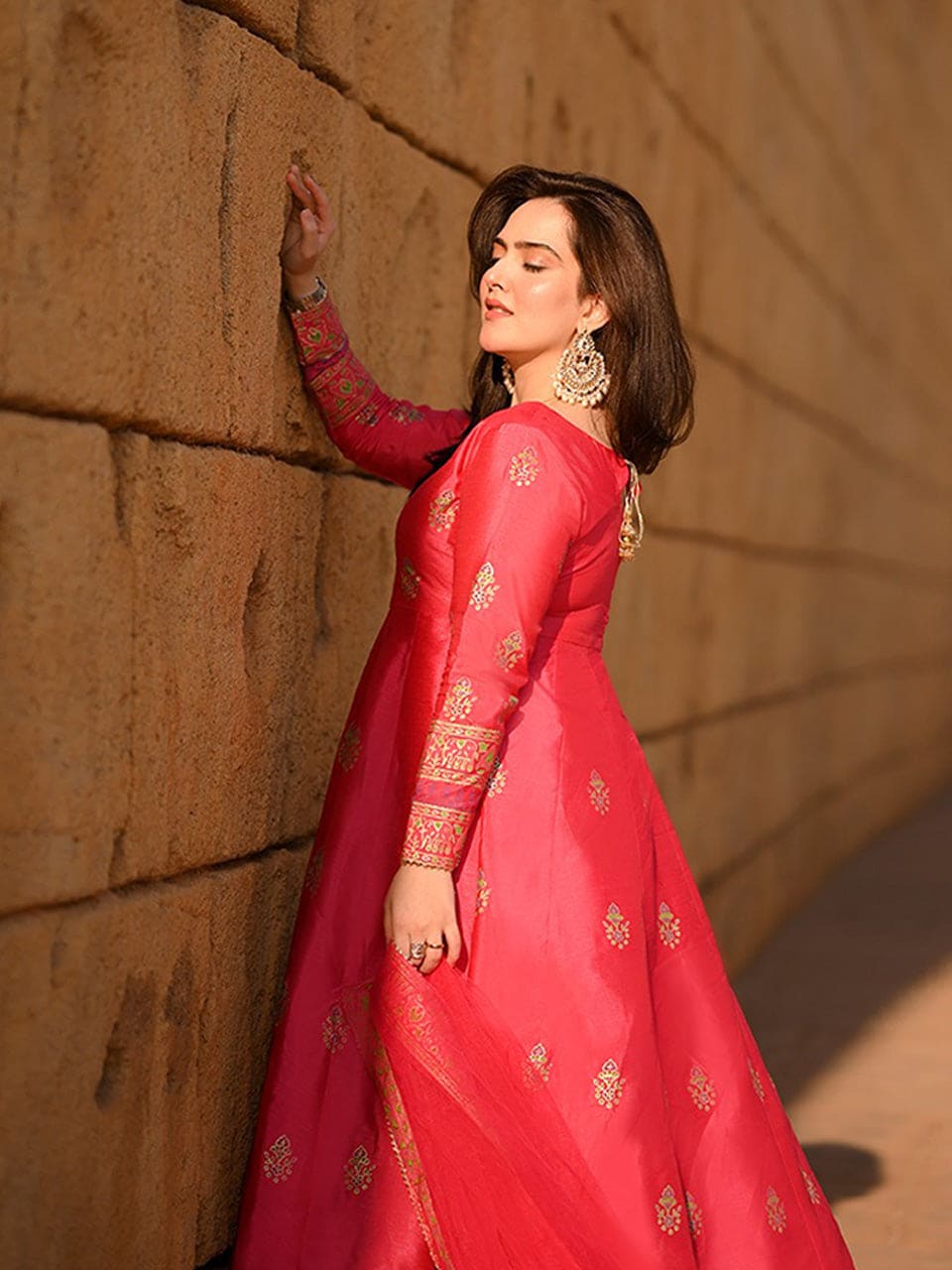 Hot Pink Gulnaar Royal Raw Silk Maxi For Women