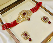 Elegant BAREEHA Matte Maroon, Dark Green, Matte Golden, Pearl, Black, And Golden Choker Set