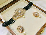 Elegant BAREEHA Matte Maroon, Dark Green, Matte Golden, Pearl, Black, And Golden Choker Set
