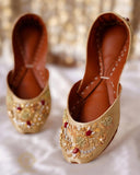 Radiant Golden Khussa with Kora Dabka and Maroon Stone Embellishments For Women