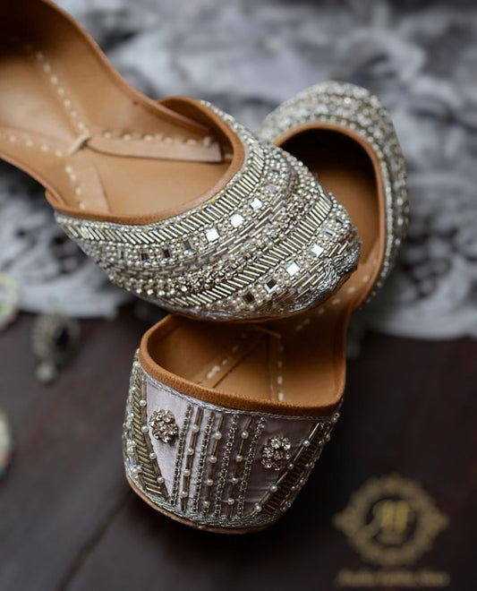 Exquisite Silver Khussa Handcrafted with Cutdana and Nag Moti For Women