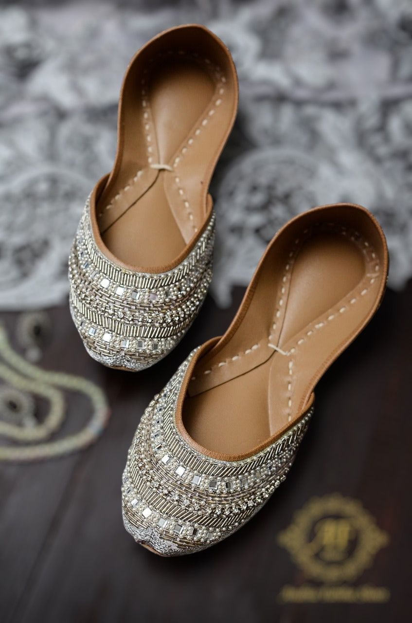 Exquisite Silver Khussa Handcrafted with Cutdana and Nag Moti For Women