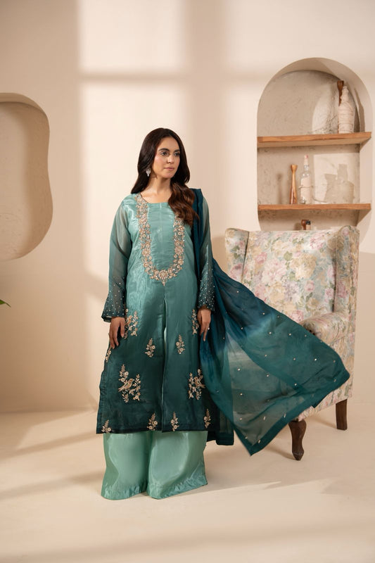 Luxury Teal & Sea Green 3-Piece Embroidered Silk Suit For Women