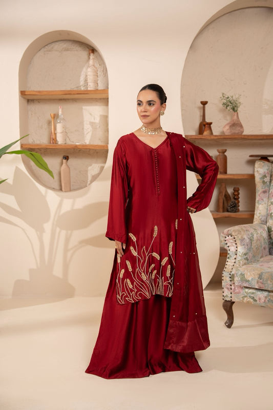 Maroon Silk 3-Piece Handwork Sharara Suit For Women