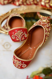 Elegant Red Zardozi Worked Khussa with Soft Padded Sole For Women