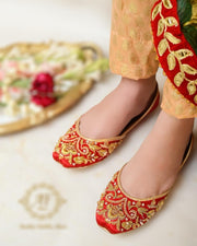 Elegant Red Zardozi Worked Khussa with Soft Padded Sole For Women