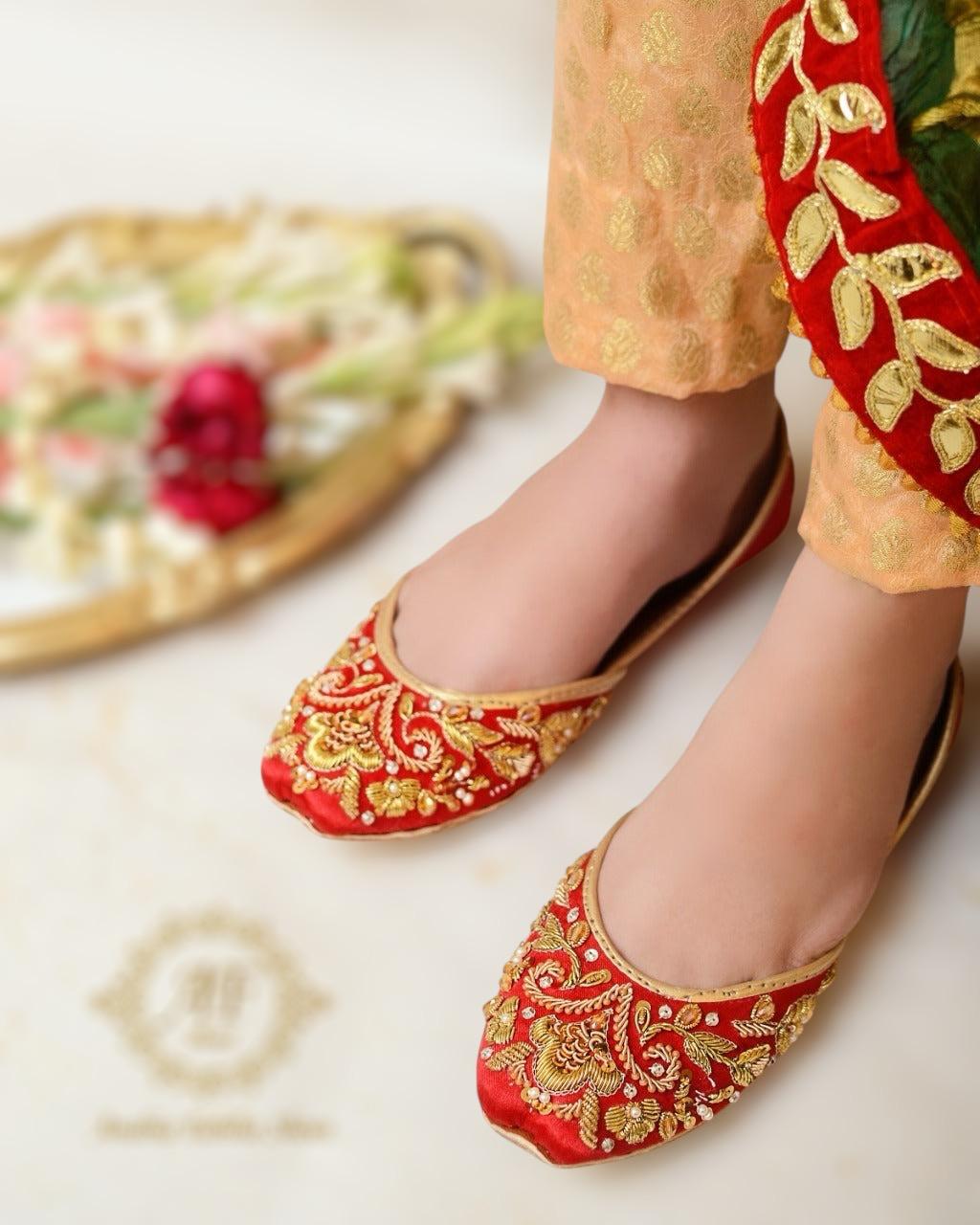 Elegant Red Zardozi Worked Khussa with Soft Padded Sole For Women