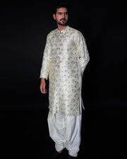 Off-White Embroidered Atlas Kameez Shalwar For Men