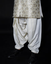Off-White Embroidered Atlas Kameez Shalwar For Men