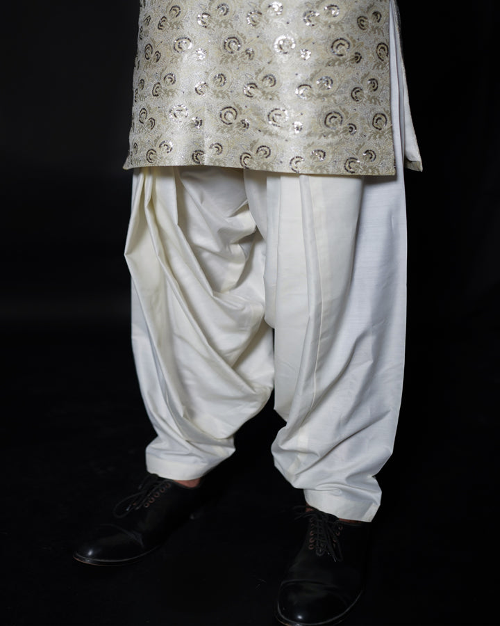 Off-White Embroidered Atlas Kameez Shalwar For Men