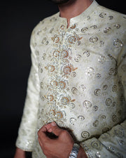 Off-White Embroidered Atlas Kameez Shalwar For Men