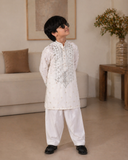 Boys White Mirror Work Kurta Pajama Set For Boys