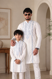 White Mirror Work Father & Son Matching Kurta Set For Men & Kid