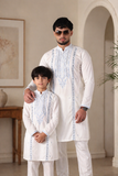White Mirror Work Father & Son Matching Kurta Set For Men & Kid