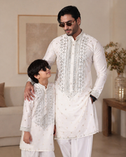 White Mirror Work Father & Son Kurta Pajama Set For Men & Kid