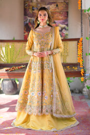 Mustard Embroidered Organza Frock with Lehenga & Net Dupatta For Women
