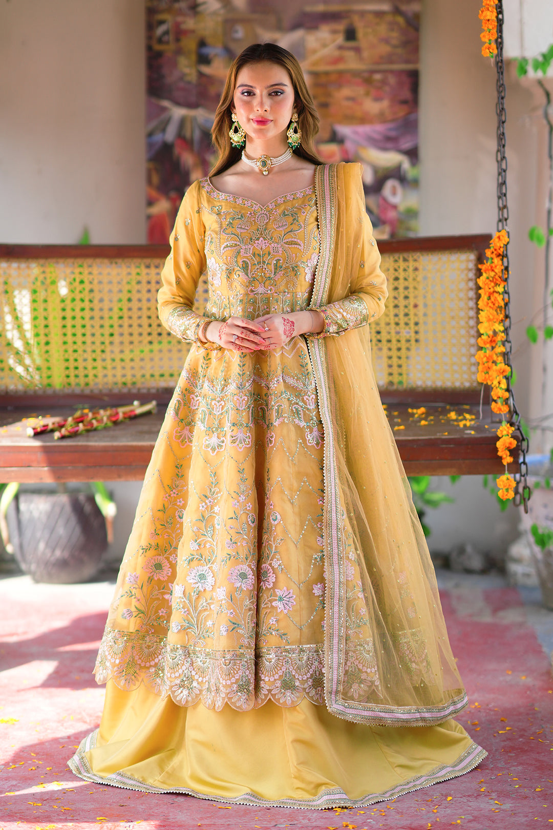 Mustard Embroidered Organza Frock with Lehenga & Net Dupatta For Women
