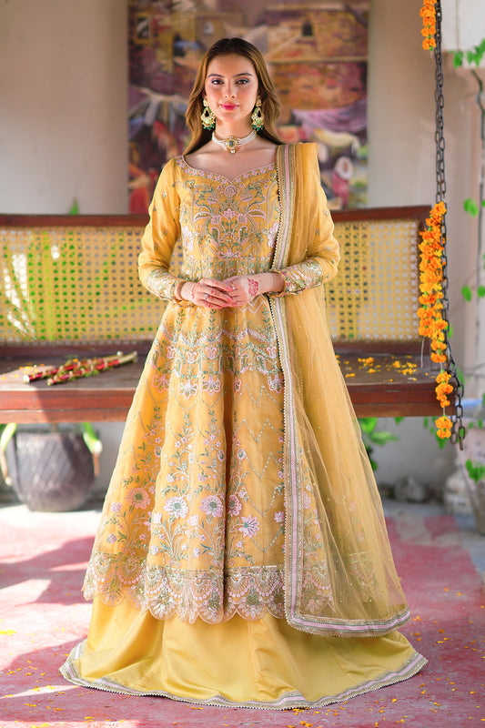 Mustard Embroidered Organza Frock with Lehenga & Net Dupatta For Women