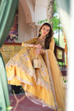 Mustard Embroidered Organza Frock with Lehenga & Net Dupatta For Women