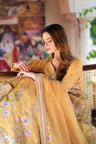 Mustard Embroidered Organza Frock with Lehenga & Net Dupatta For Women
