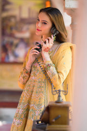 Mustard Embroidered Organza Frock with Lehenga & Net Dupatta For Women