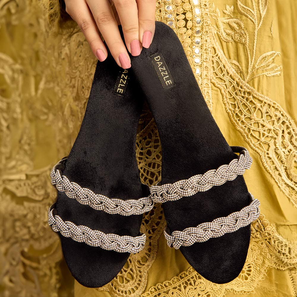Black Crystal Chain Quilted Slider Unique Haute Couture Sliders By Dazzle