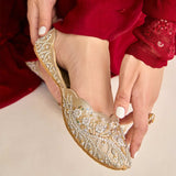 Pearl Ice Gold Velvet Embellished Khussas By Dazzle