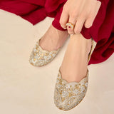 Pearl Ice Gold Velvet Embellished Khussas By Dazzle