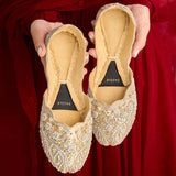 Pearl Ice Gold Velvet Embellished Khussas By Dazzle