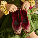 Handcrafted 'Marina Timeless Elegance in Maroon Net with Tilla and Floral Adornments By Dazzle