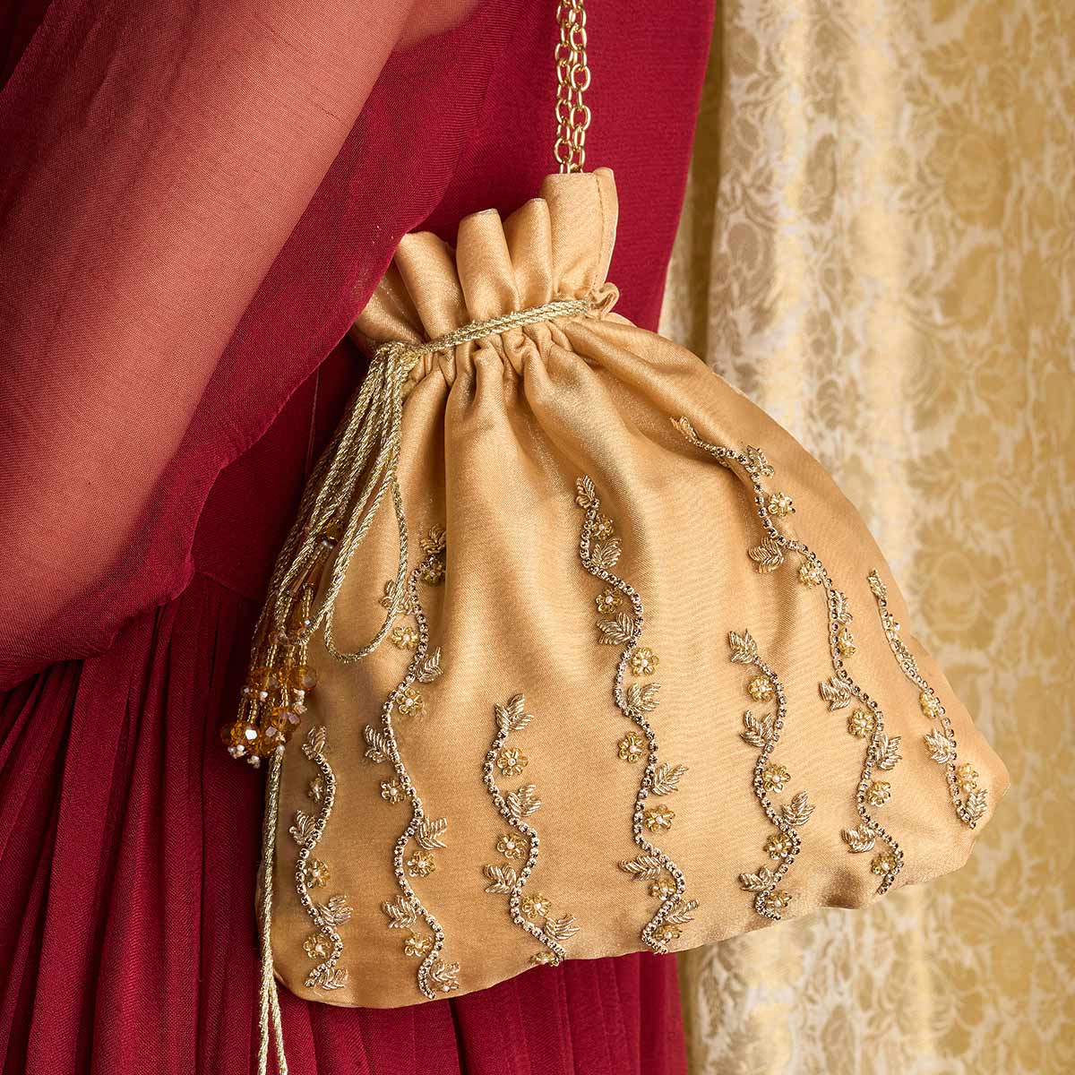 Aureate Gold 3D Potli Bag with Chain By Dazzle