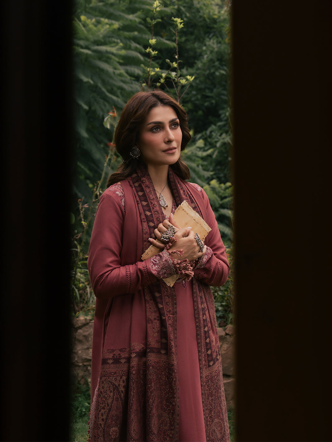 Zeba – Dusty Rose Embroidered Winter Suit For Women